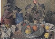Still life with fruits, foliage plants and jug